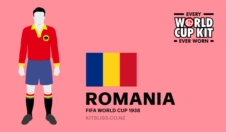 Graphic showing the Romania home kit worn during the 1938 FIFA World Cup.