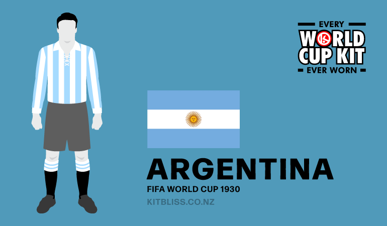 Graphic showing the Argentina home kit worn during the 1930 FIFA World Cup.