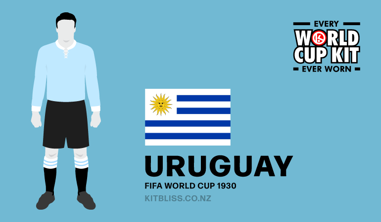 Graphic showing the Uruguay home kit worn during the 1930 FIFA World Cup.