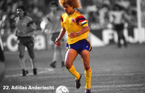 Graphic showing a picture of Carlos Valderrama wearing a Colombia away kit based on the Adidas Anderlecht template