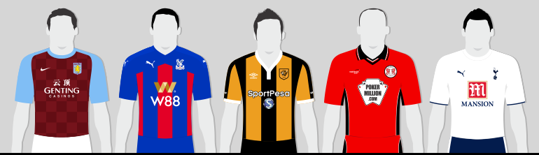 Illustration showing five different football shirts.